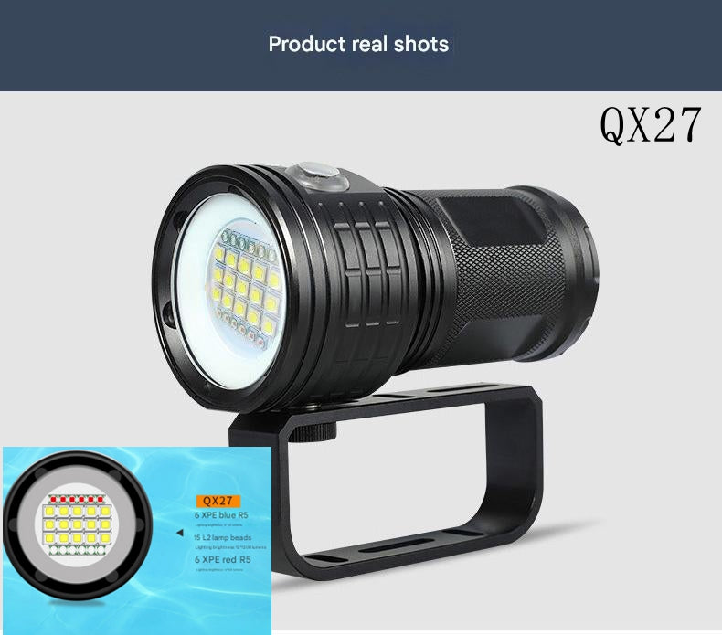 New diving flashlight red and blue light strong light high power underwater 80 meters 500W photography fill light