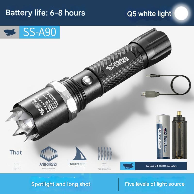 Strong light flashlight with attack head LED rechargeable aluminum alloy flashlight outdoor self-defense flashlight