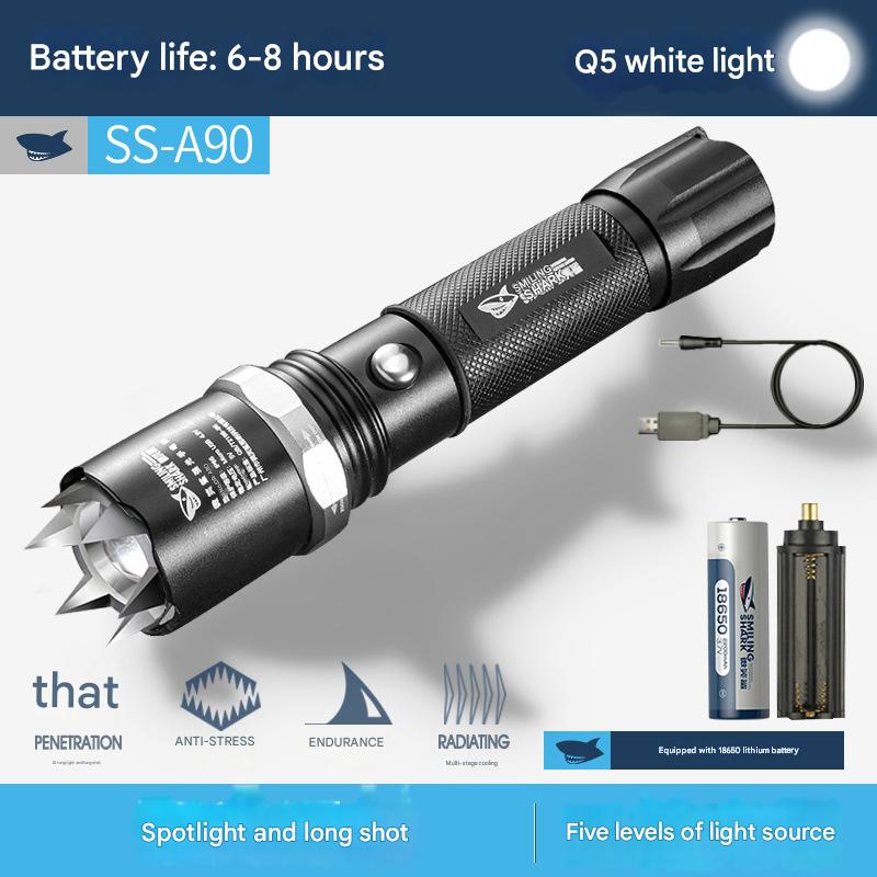 Strong light flashlight with attack head LED rechargeable aluminum alloy flashlight outdoor self-defense flashlight