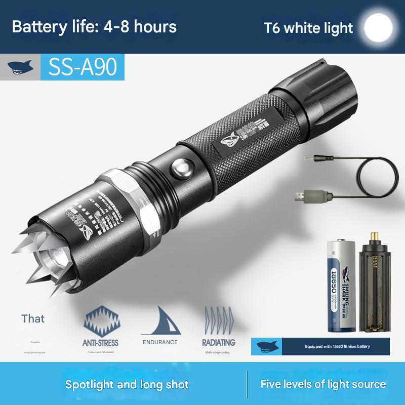 Strong light flashlight with attack head LED rechargeable aluminum alloy flashlight outdoor self-defense flashlight
