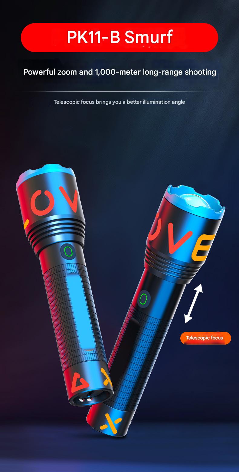 Zoom color fluorescent flashlight strong light super bright long-range long-lasting outdoor LED lighting emergency light