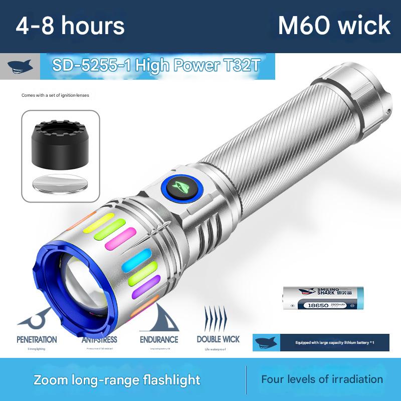 Luminous zoom white laser flashlight with burning lens portable aluminum alloy outdoor flashlight