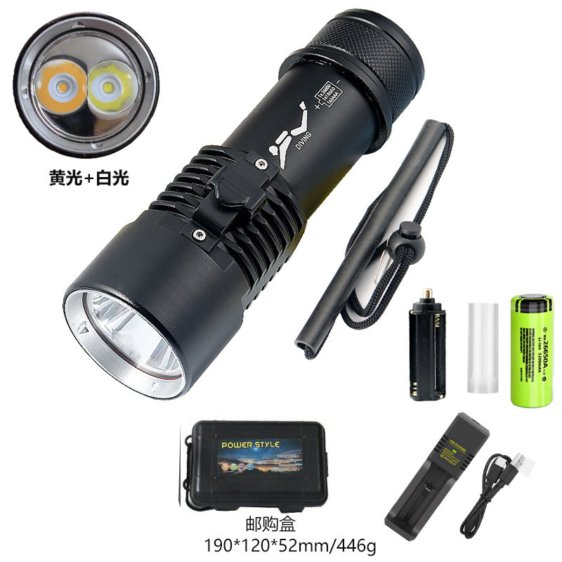 Mini diving flashlight LED outdoor 80 meters diving exploration aluminum alloy strong light flashlight