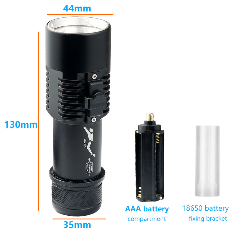 Mini diving flashlight LED outdoor 80 meters diving exploration aluminum alloy strong light flashlight