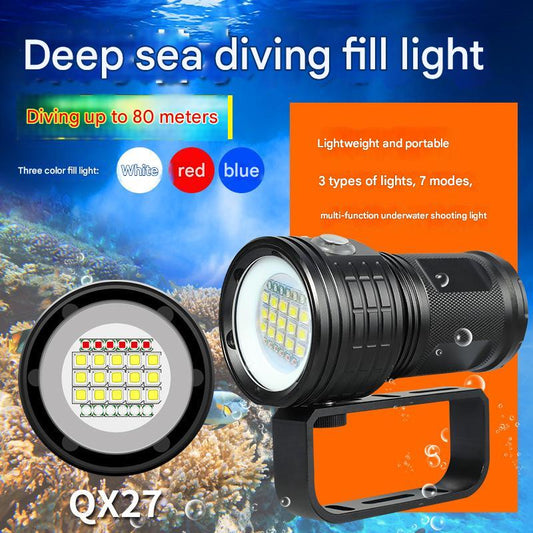 New diving flashlight red and blue light strong light high power underwater 80 meters 500W photography fill light