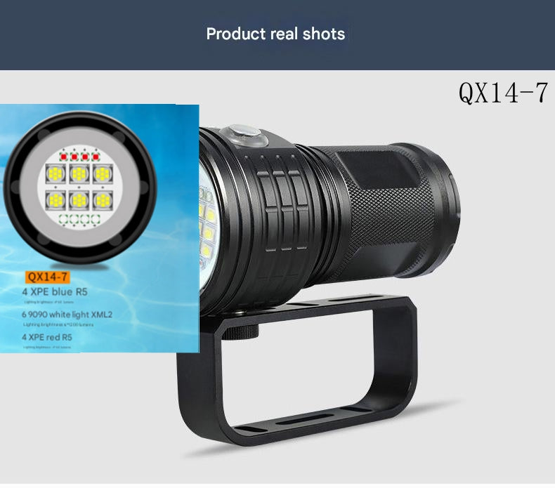 New diving flashlight red and blue light strong light high power underwater 80 meters 500W photography fill light