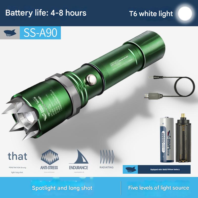 Strong light flashlight with attack head LED rechargeable aluminum alloy flashlight outdoor self-defense flashlight