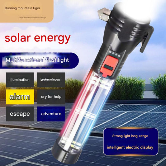 Emergency escape multifunctional car flashlight LED solar outdoor emergency light COB strong light window breaking safety hammer