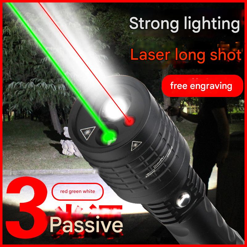 Three light sources, strong light flashlight, zoom, outdoor with green, white laser, infrared, three in one portable