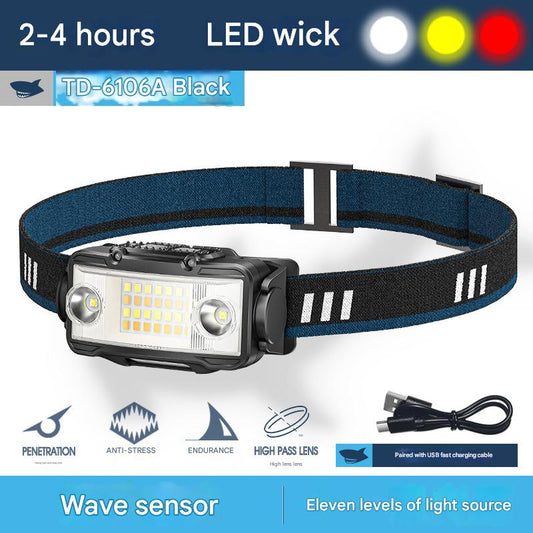 Outdoor lighting strong light induction headlight USB fast charging long-lasting battery life with red light warning floodlight headlight