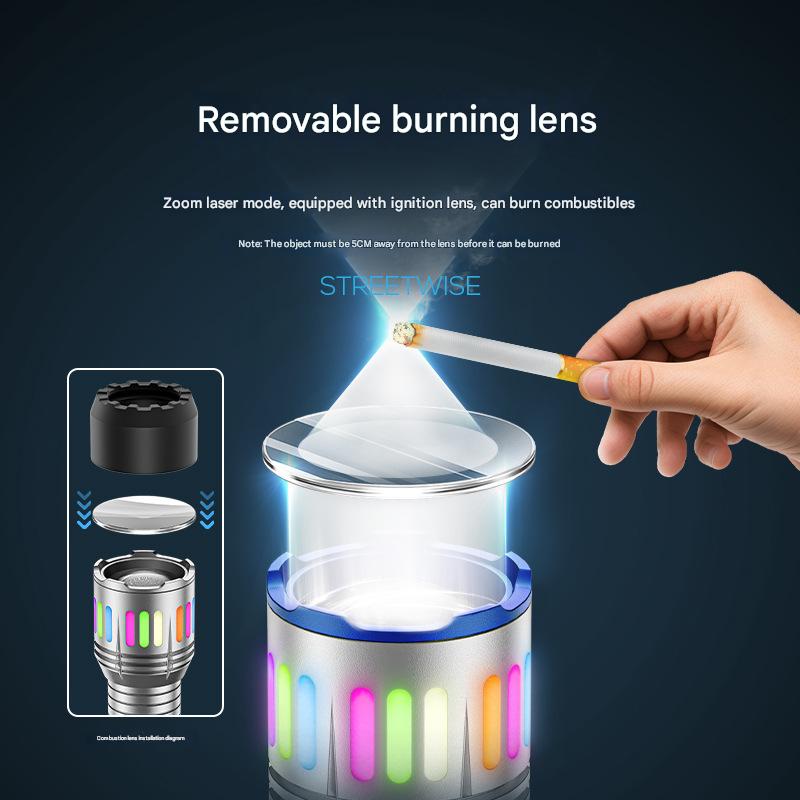Luminous zoom white laser flashlight with burning lens portable aluminum alloy outdoor flashlight